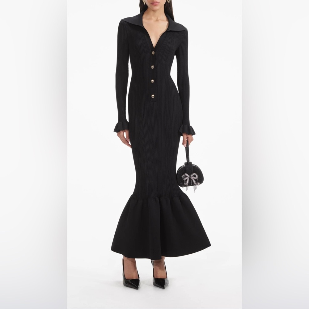 Authentic Self Portrait. BLACK RIBBED KNIT FLUTED MIDI DRESS. Size S